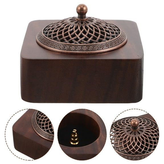 Homoyoyo Vintage Bakhoor Burner with Light Brown Wood Carved Lid Aromatherapy Incense Holder Home Decor 1 Set