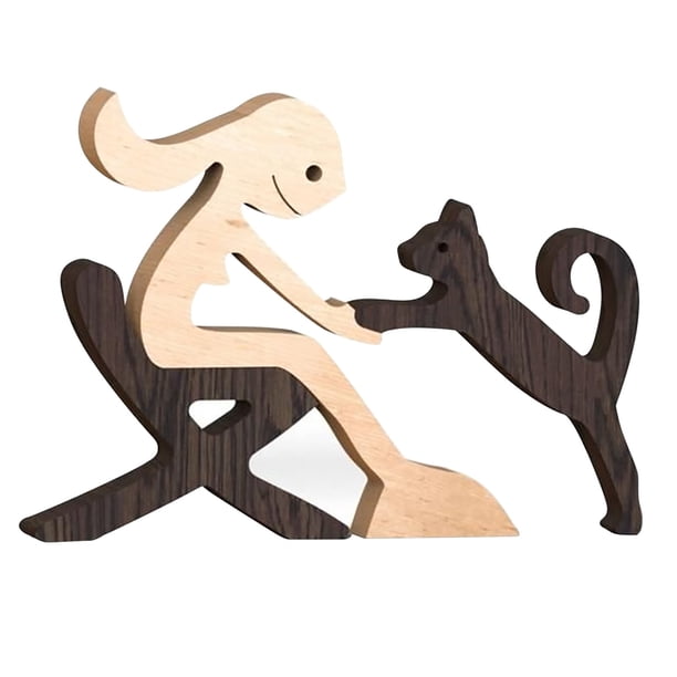 Estatua De Madera De Familia De Perros Y Gatos Decoración De Madera Hecha A Mano Estatuilla De Cachorro, Gatito Y Personas Escultura Ornamento Figura Coleccionable Artesanía Para El Hogar, La Oficin