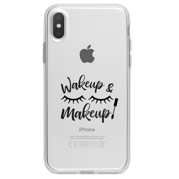 DistinctInk Clear Shockproof Hybrid Case for iPhone XS Max (6.5" Screen) - TPU Bumper Acrylic Back Tempered Glass Screen Protector - Wake Up & Makeup - Eye Lashes