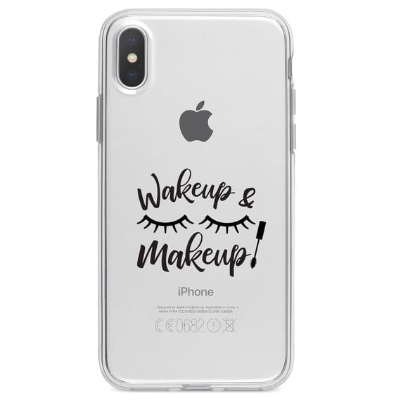 DistinctInk Clear Shockproof Hybrid Case for iPhone X / XS (5.8" Screen) - TPU Bumper Acrylic Back Tempered Glass Screen Protector - Wake Up & Makeup - Eye Lashes