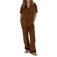 thumbnail image 4 of Womens Casual 2 Piece Sets V Neck Short Sleeve Button Top Elastic Waist Pants Matching Lounge Set 2026 Trendy Summer Outfits, 4 of 6