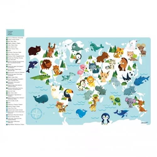 Janod - Puzzle Magnétique du Monde Minikids - 40 Aimants en Bois FSC - 1 Poster - Aimants Animaux - 24 Mois