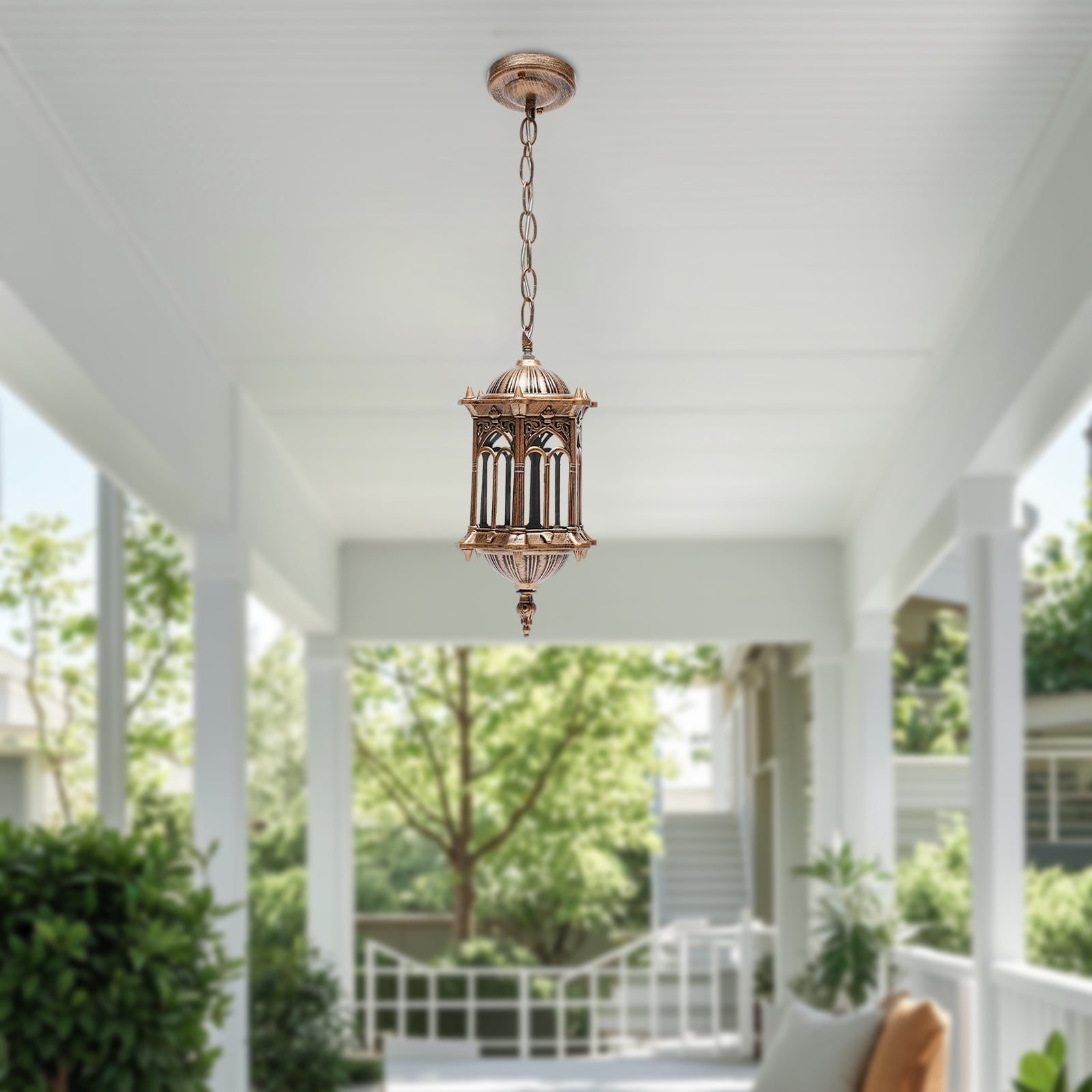 Vintage Outdoor Pendant Light, Waterproof Bronze Lantern Ceiling Fixture, E27 Bulb Compatible for Porch, Patio, Balcony, and Yard