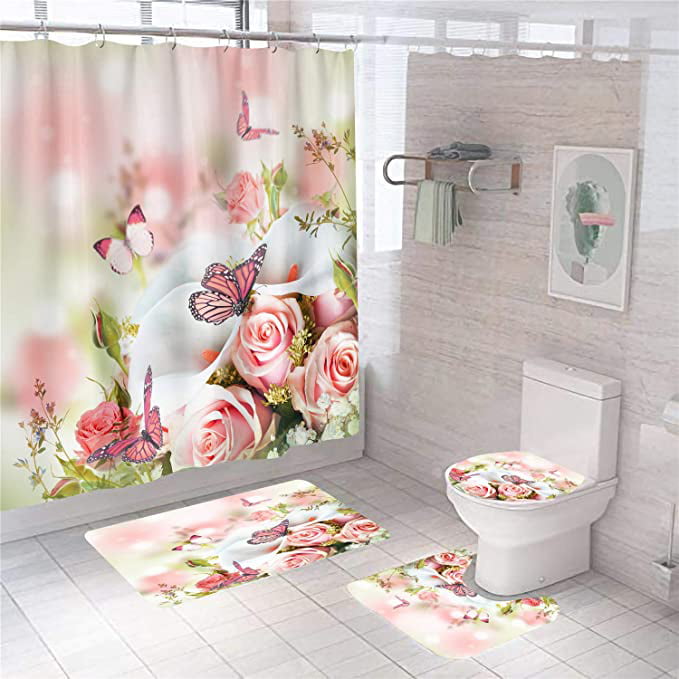 4Pcs Pink Rose Butterfly Shower Curtain Non-Slip Soft Bath Mat Toilet Cover Rugs 