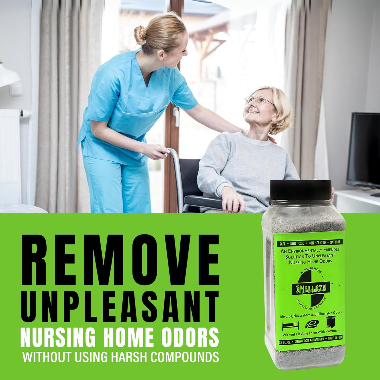 SMELLEZE Natural Elderly Odor Remover Deodorizer: 2 lb. Granules Destroy Sick Room Stench