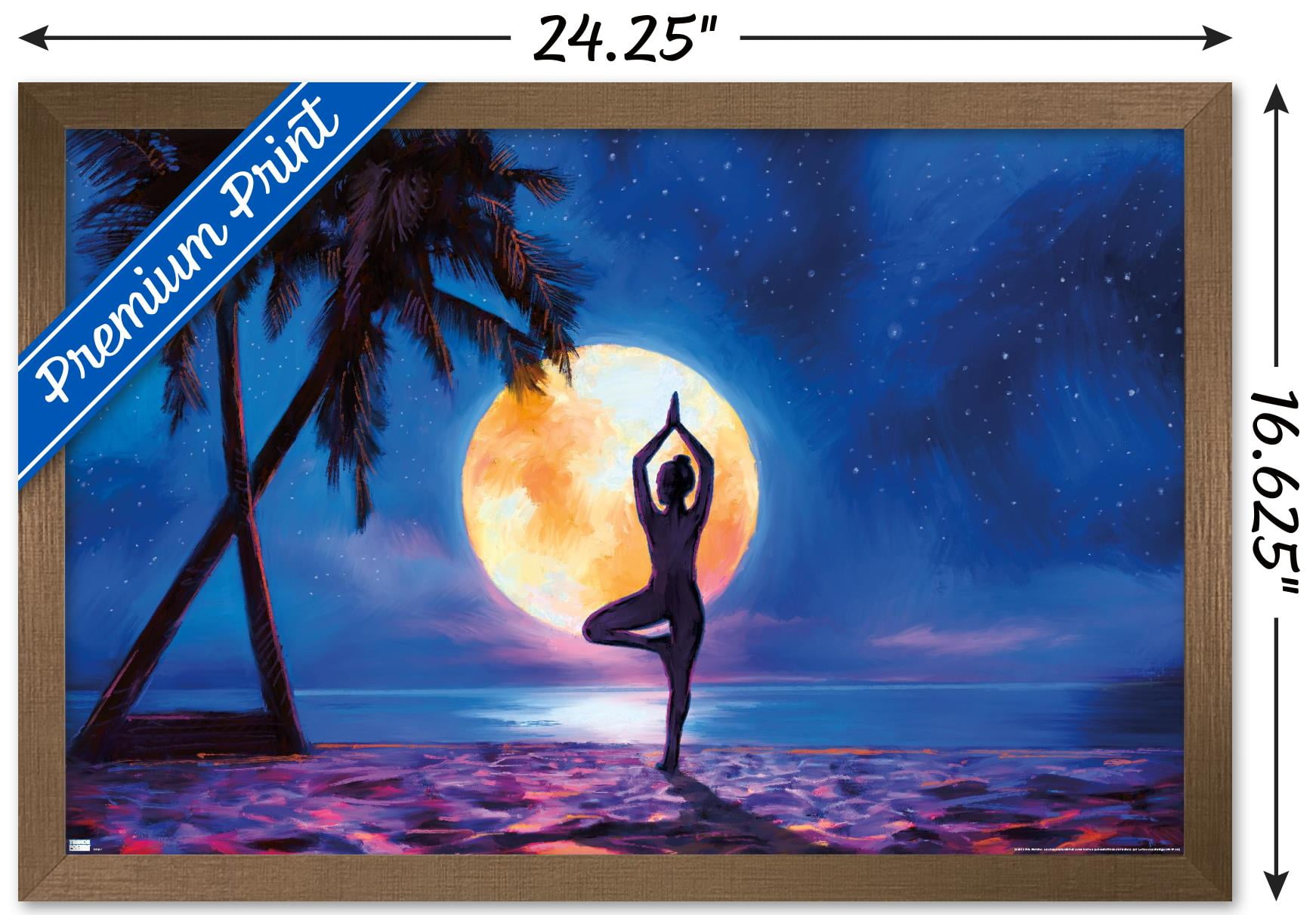 PD Moreno - Fine Art - Yoga Moonlight Beach Wall Poster, 14.725" x 22.375" Framed