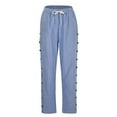 thumbnail image 4 of GZWYHT Linen Pants,Summer Pants,Cotton And Linen Striped Elastic Waistband High Waistband Pocket Pants Side Buttons Nine Point Pants Loose Pants H Shaped Straight Leg Pants,Pants for Women,Blue,M, 4 of 8