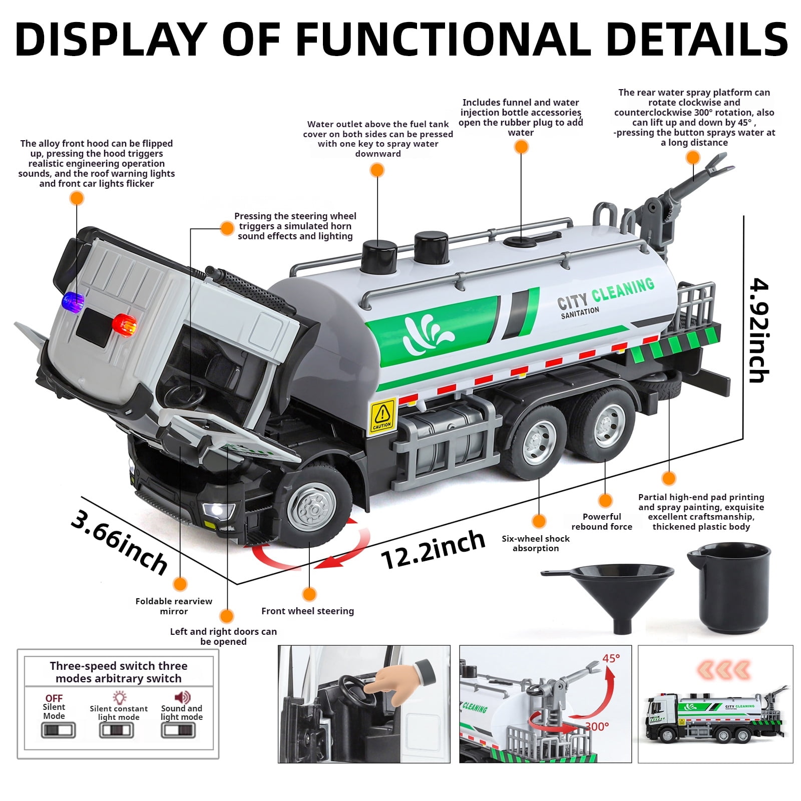Anmyjuly Large Urban Sanitation Vehicle Alloy Diecast Truck Model City Sprinkler Truck Toys Multifunctional Children's Toys Gift for Kids