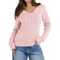 thumbnail image 3 of Women Long Sleeve Cable Knit Sweater Fall Fashion V Neck Fitted Pullover Business Casual Fall Outfits Pink L, 3 of 10
