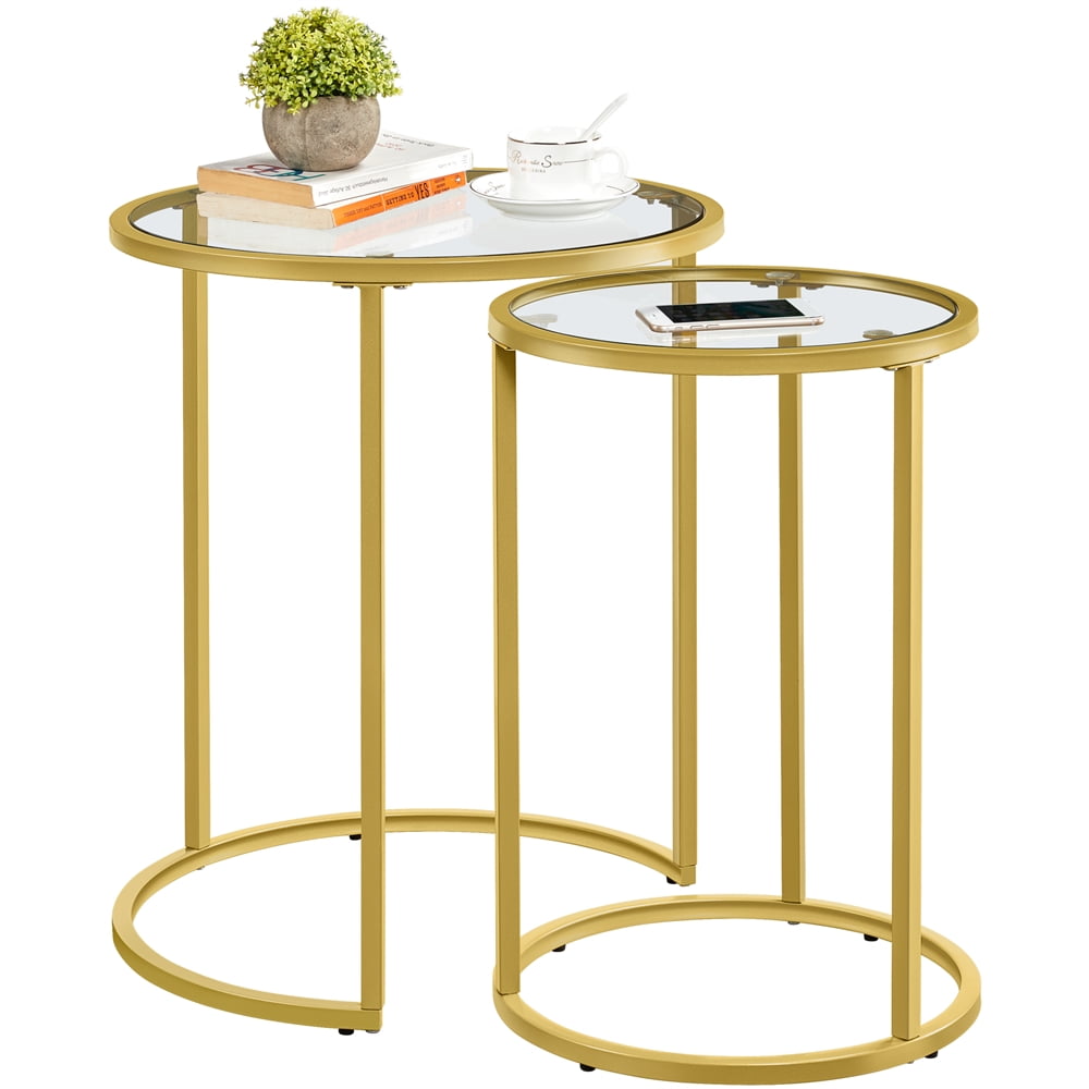 Yaheetech Round Nesting End Table Set with Metal Frame and Glass Top