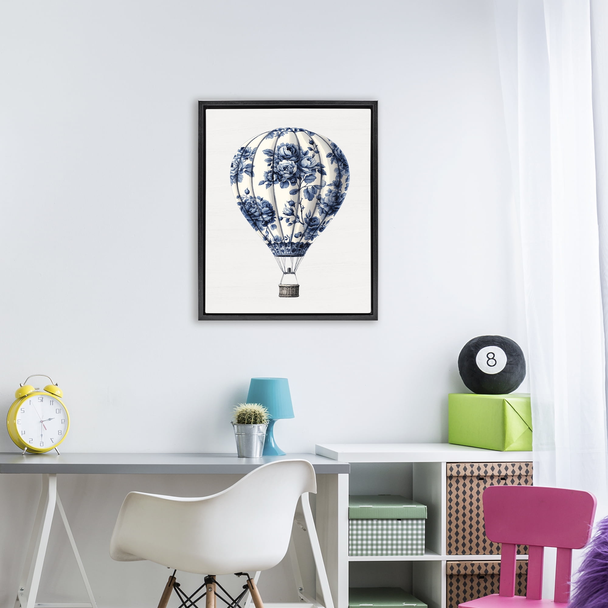 Vintage Toile Hot Air Balloon Black Framed Floater Canvas Wall Art, design by Lettered and Lined