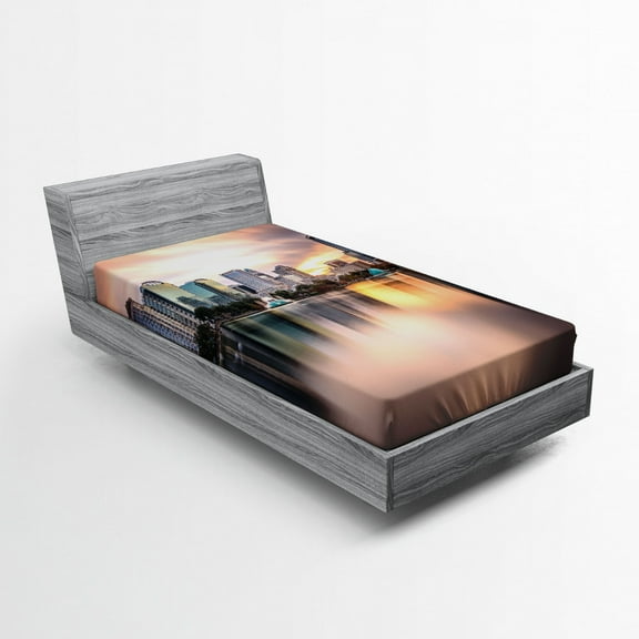 Ambesonne Landscape Fitted Sheet, Downtown City Skyline, Twin Size, Teal Peach Grey
