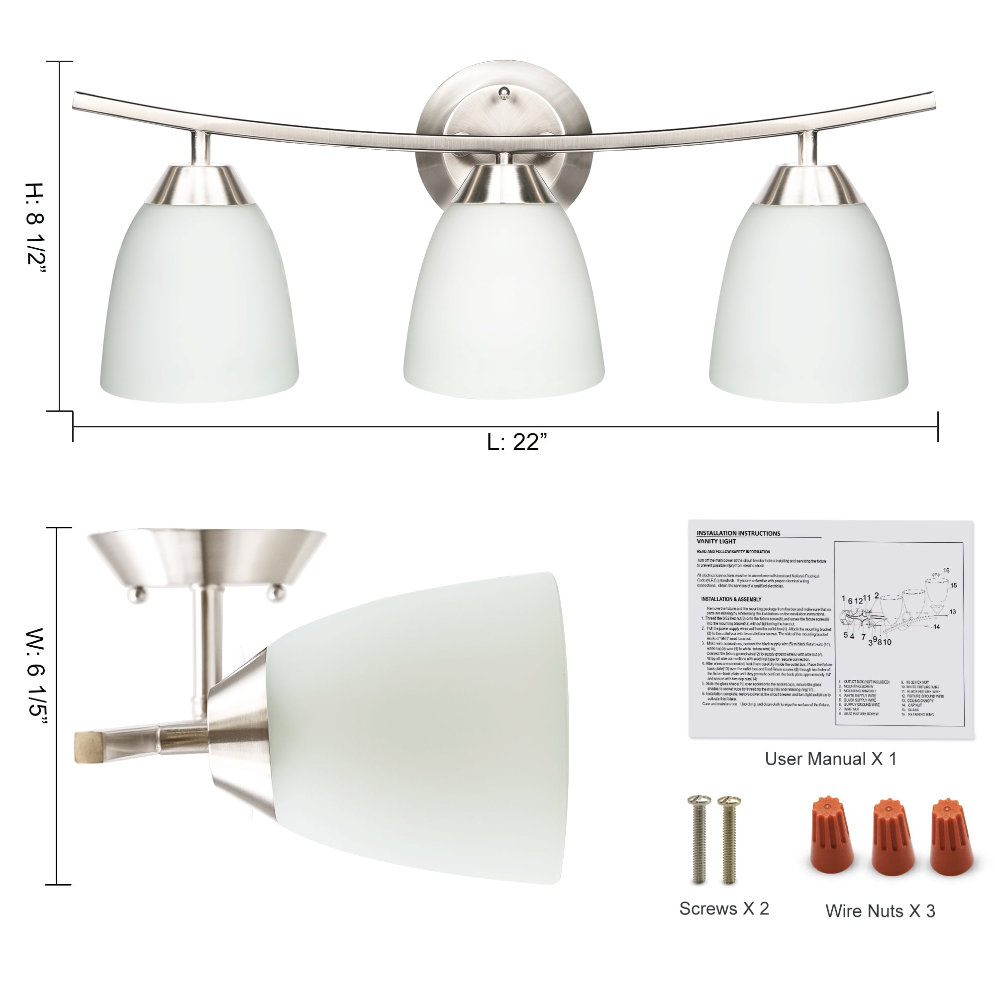 MingBright 3-Light Vanity Light, 22-Inch Wall Sconce Lighting with White Glass Shade, Modern Bathroom Light Fixture for Mirror, Bathroom, Hotel