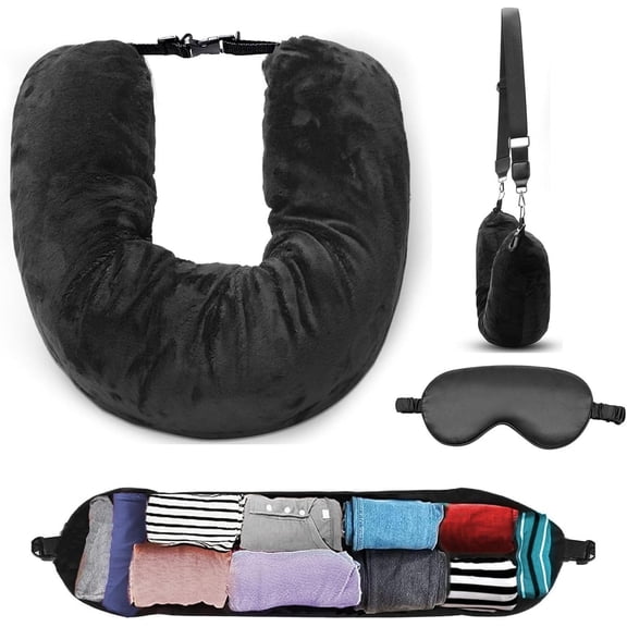 Stuffable Neck Pillow Travel Storage Bag for Airplanes with Clothes, No Extra Baggage Fees, Fits 3 Days of Travel Essentials, No Filler (Black)