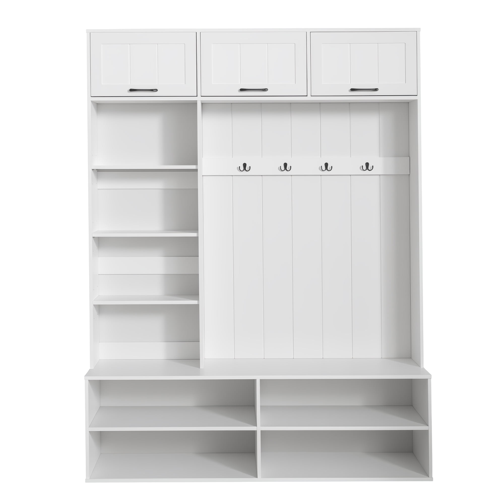 76.9"H Farmhouse Hall Tree with Bench and Shoe Storage, 5-in-1 Entryway Bench with Coat Rack, Modern Entryway Storage Organizer Cabinet with 4 Hooks for Hallway, Entryway, Living Room
