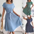 thumbnail image 2 of Women Floral Print Dress 2023 Summer New Vintage Pleated Short Sleeve High Waist Chic Dress Female Casual Lace Up A Line Dresses2XL Gao Jinjia LED, 2 of 2