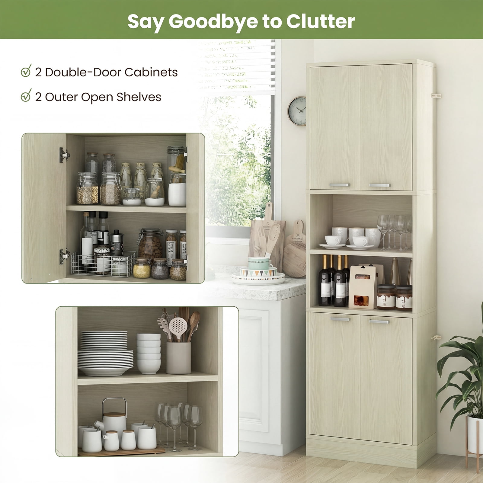 Costway Kitchen Pantry Cabinet, 75” Tall Freestanding Cupboard with Doors & Shelves Light Oak