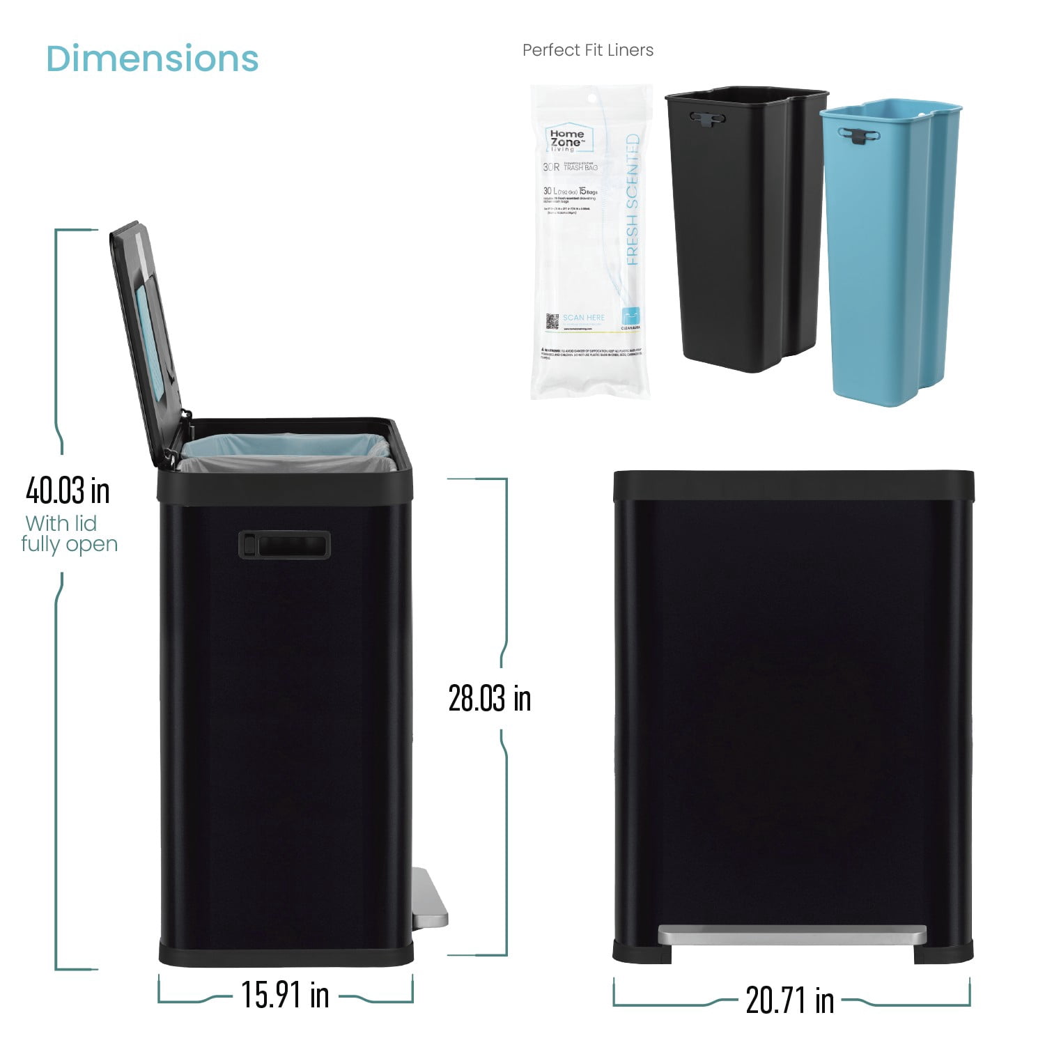 Home Zone Living 19 Gallon Dual Compartment Kitchen Trash Can with CleanAura Odor Control and Recycling Flap, Stainless Steel, Black