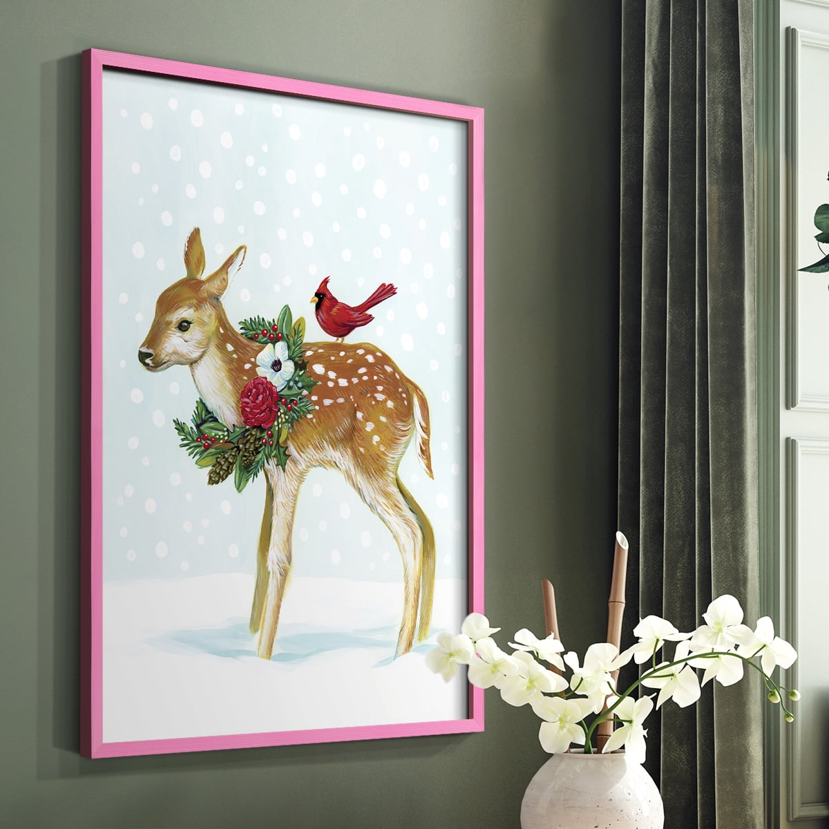 Winter Woodland Creatures with Cardinals II Framed Print - Solid Wood in Single Picture Frame Solid Wood 2 Framed Print