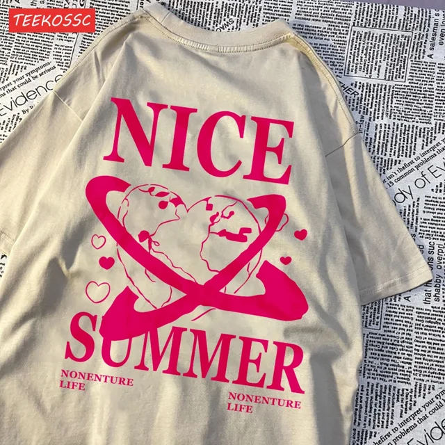 T-Shirts de Mode pour Femmes Été Amour Terre Gravité Orbite Imprimé Manches Courtes Col Rond Vêtements Décontractés JZ177-khaki TG