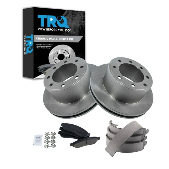 TRQ Rear Brake Pad & Rotor Kit Brake Pads Brake Rotor Parking Brake Shoe Set Ceramic Fits Select 2008-2010 Ford F-250 Super Duty 2005-2012 F-350 Super Duty