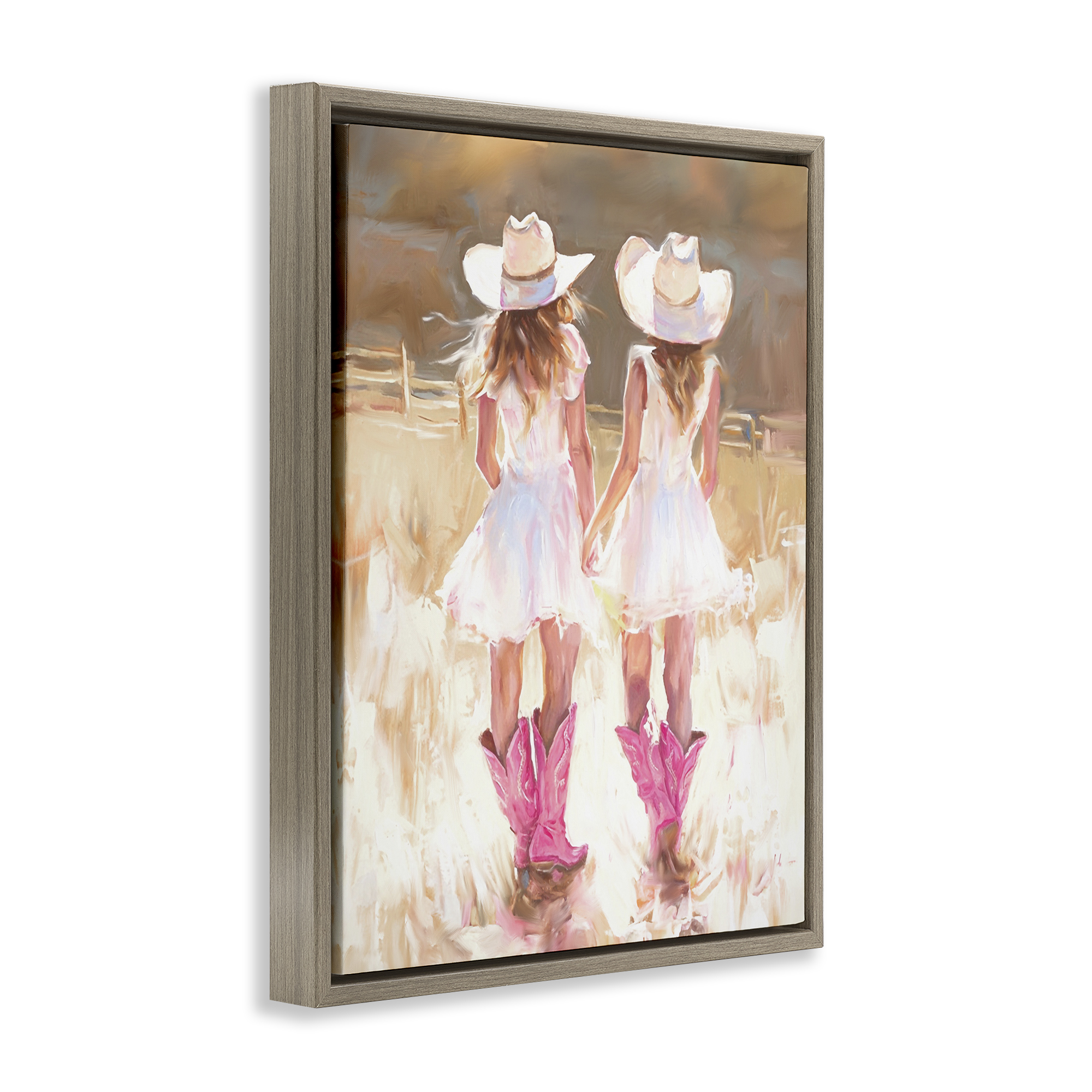 Stupell Industries Sunlit Cowgirl Sisters Novelty Painting Brown Floater Framed Canvas Art Print Wall Art, 17 x 21