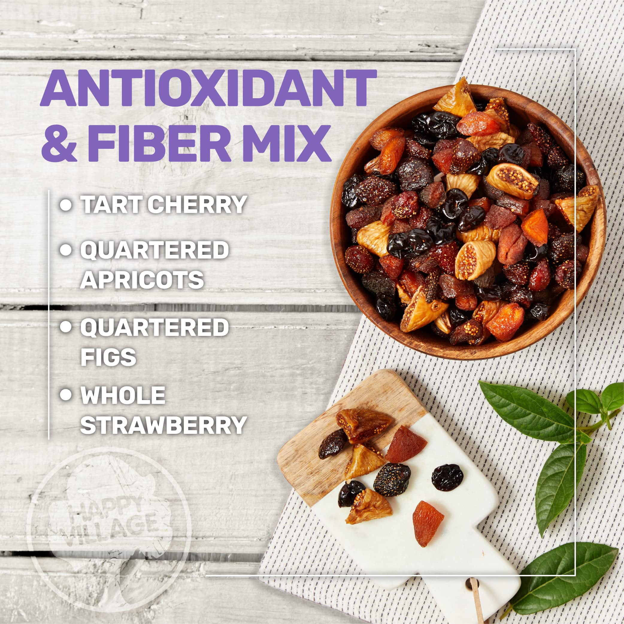 Happy Village Organic Dried Fruit Mix –Apricots, Figs, Strawberries & Cherries | 18 oz (3 x 6 oz) | Vegan, Kosher, Non-GMO, No Sugar, Unsulfured