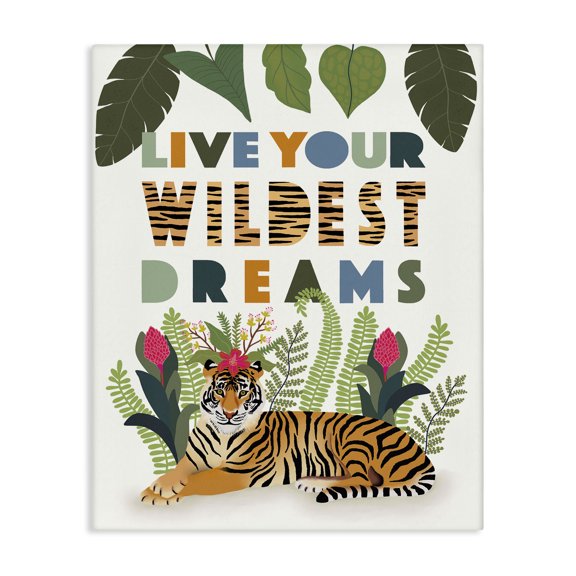 Stupell Industries Contemporary Live Your Wildest Dreams Sentiment Tropical Tiger Forest Canvas Art, 16 x 20, by Darlene Seale