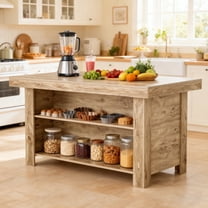 Finmind 3-Tier Farmhouse  Kitchen Island with Storage Shelf, 55 Inches Wooden Stationary Island Table with Large Worktop for Kitchen, Oak