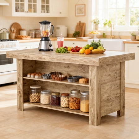 Finmind 3-Tier Farmhouse  Kitchen Island with Storage Shelf, 55 Inches Wooden Stationary Island Table with Large Worktop for Kitchen, Oak