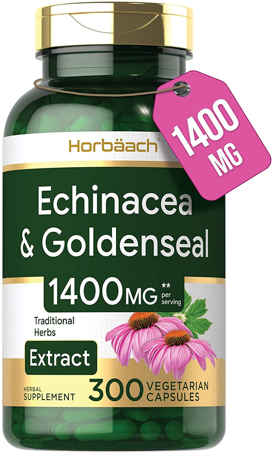 Echinacea Goldenseal Capsules 1400mg 300 Count Vegetarian, NonGMO, Gluten Free Extract