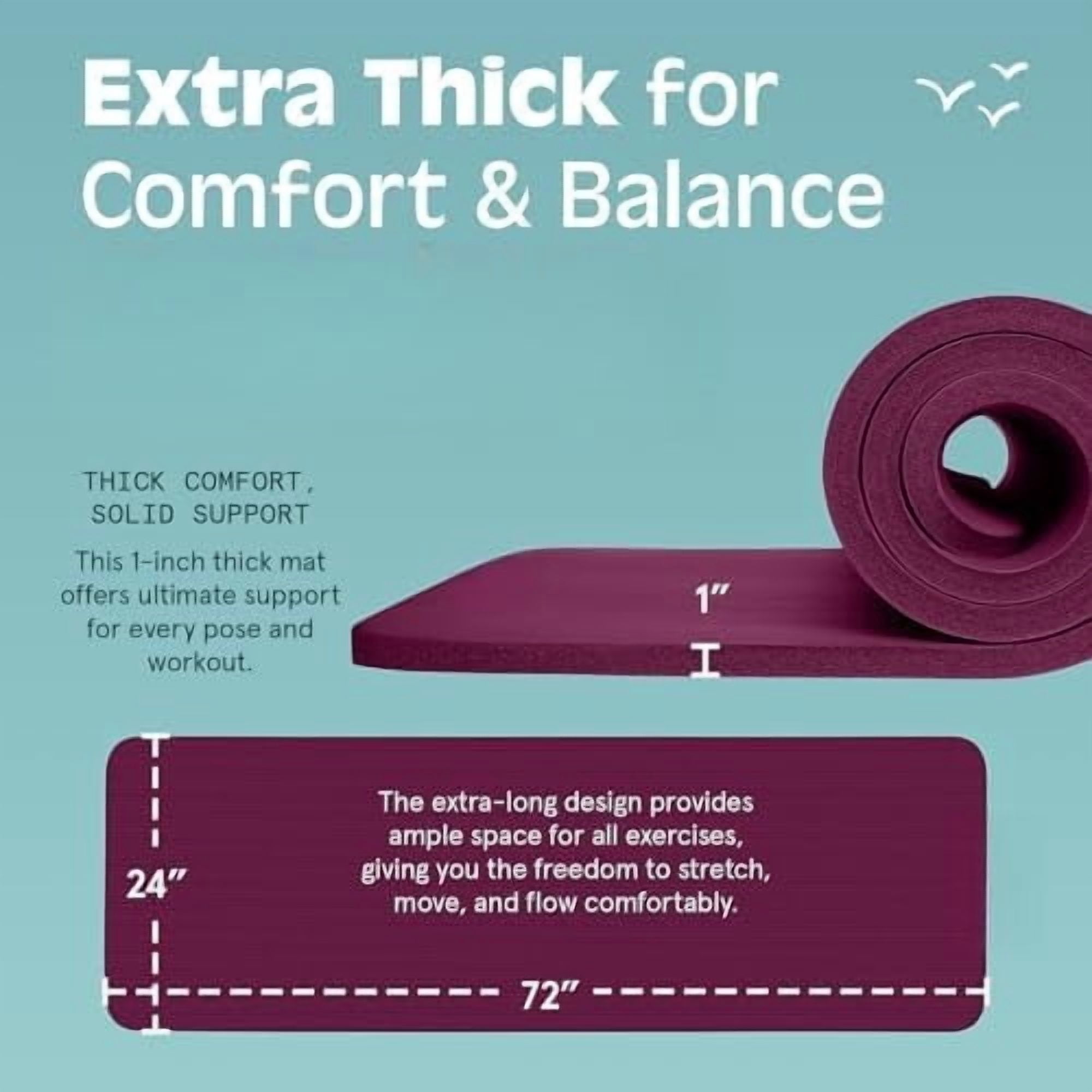 Solana Yoga Mat 1" Thick w/Nylon Strap for Men & Women - Non Slip Exercise Mat for Home Yoga, Pilates, Stretching, Floor & Fitness Workouts Boysenberry,1 inch