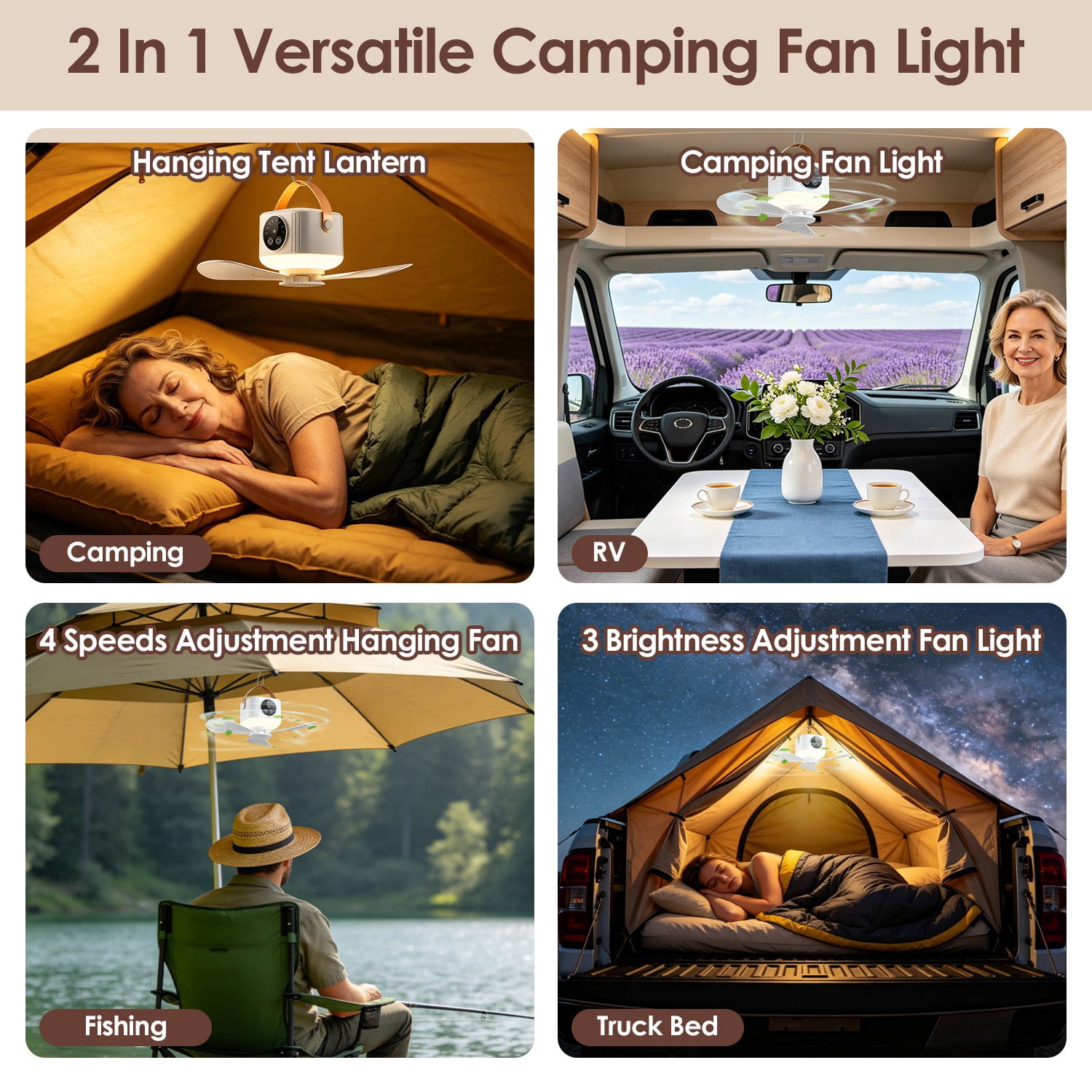 2 in 1 Camping Fan with LED Lantern Remote Control, 4 Wind Speeds 3 Light Brightness Timer Function 7200mAh Rechargeable Hanging Tent Fan