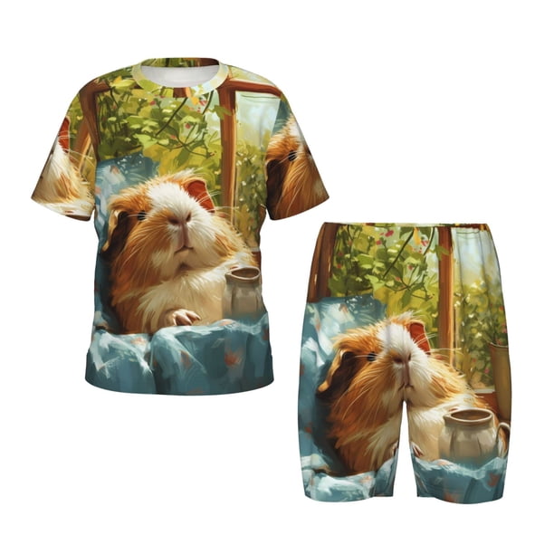 Balery Lazy Home Style Guinea Pig Conjunto de Pijama Infantil de Manga Corta con Estampado – Ropa de Dormir de Algodón Suave-X-Large