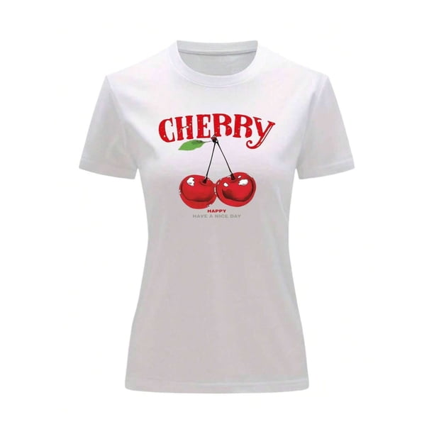 Playera Blusa De Cerezas Cherry Happy Have A Nice Day Casual Ropa Para Mujer Ropa De Dama Color Blanco Talla Chica Marca Emil SaEs