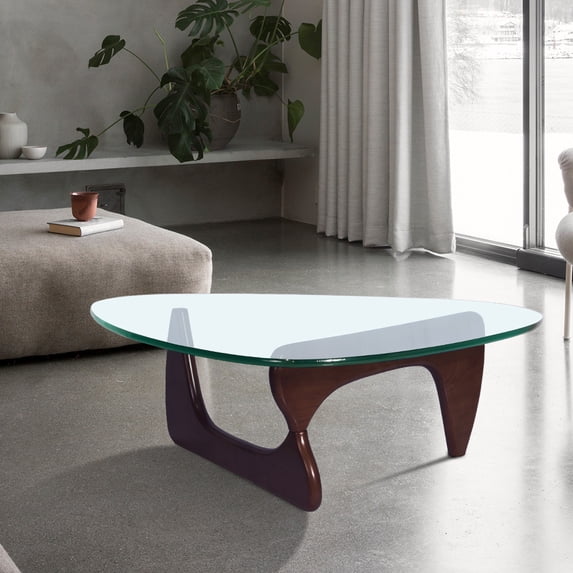 Triangle 0.75" Thickened Tempered Glass Coffee Table, Modern Noguchi Coffee Table, Vintage Glass and Wood End Table, Accent Coffee Table with Solid Wood Base, for Living Room, Patio, Dark