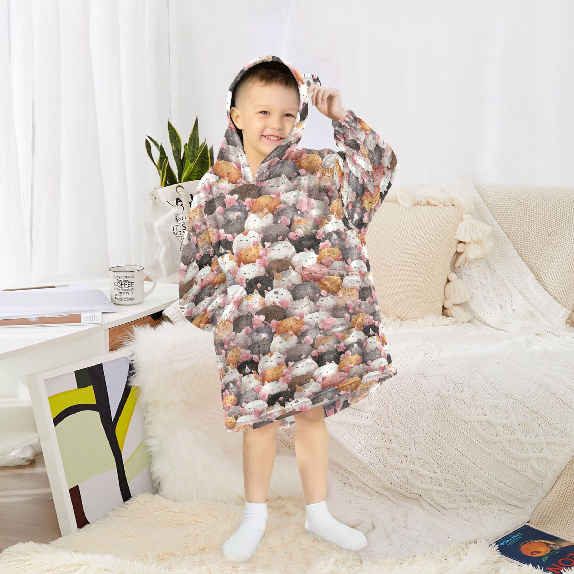 Wearable Blanket Hoodie for Kids Cute and Funny Cat Flannel Hooded Blanket with Pockets and Sleeves Suitable for Boys and Girls