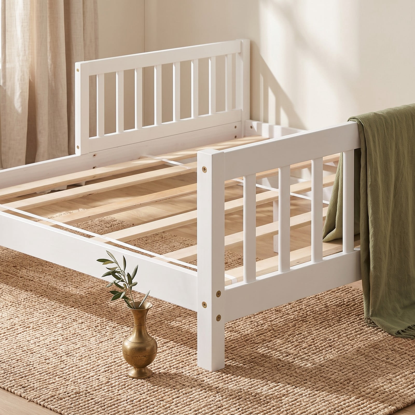Furnibear Twin Size Wooden House Bed Frame with Roof and Half Rails for a Kids Boys and Girls Toddler Montessori Bedroom, White