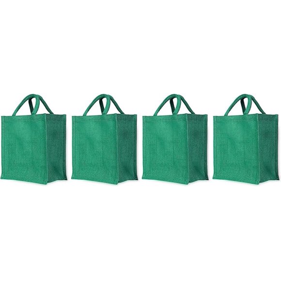 Set of 4 Green Jute Handbags – Multipurpose Eco Bags with Interior Pocket & Easy-Grip Handles – Ideal for Day Trips, Holiday Use, or Daily Carry – 10" x 9" x 6"