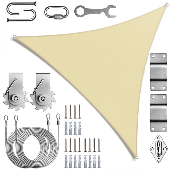 ColourTree Beige Triangle Sun Shade Sail Canopy with Hardware Kit Winch Set - UV Block, Water Permeable, Heavy-Duty Outdoor Awning for Patio, Garden, Yard