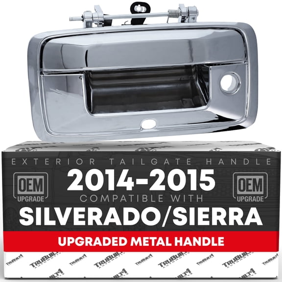 T1A Tailgate Handle Assembly, Upgraded Metal - Compatible with 2014-2015 Chevrolet Silverado, GMC Sierra - Liftgate Latch Handle Replacement - Chrome, w/Camera Hole - OEM 23448681, 23128692, 23156952