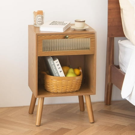 Mid Century Nightstand Bedside Table with Glass Storage Drawer and Large Open Shelf Modern Night Stand Side End Table with Solid Legs for Bedroom and Small Space Brown