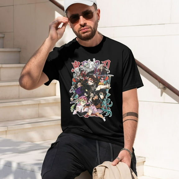Men Anime Demon Slayer Shirt Kamado Tanjirou Print T-Shirts Cosplay Shirts Fashion Casual Shirt Black -Small