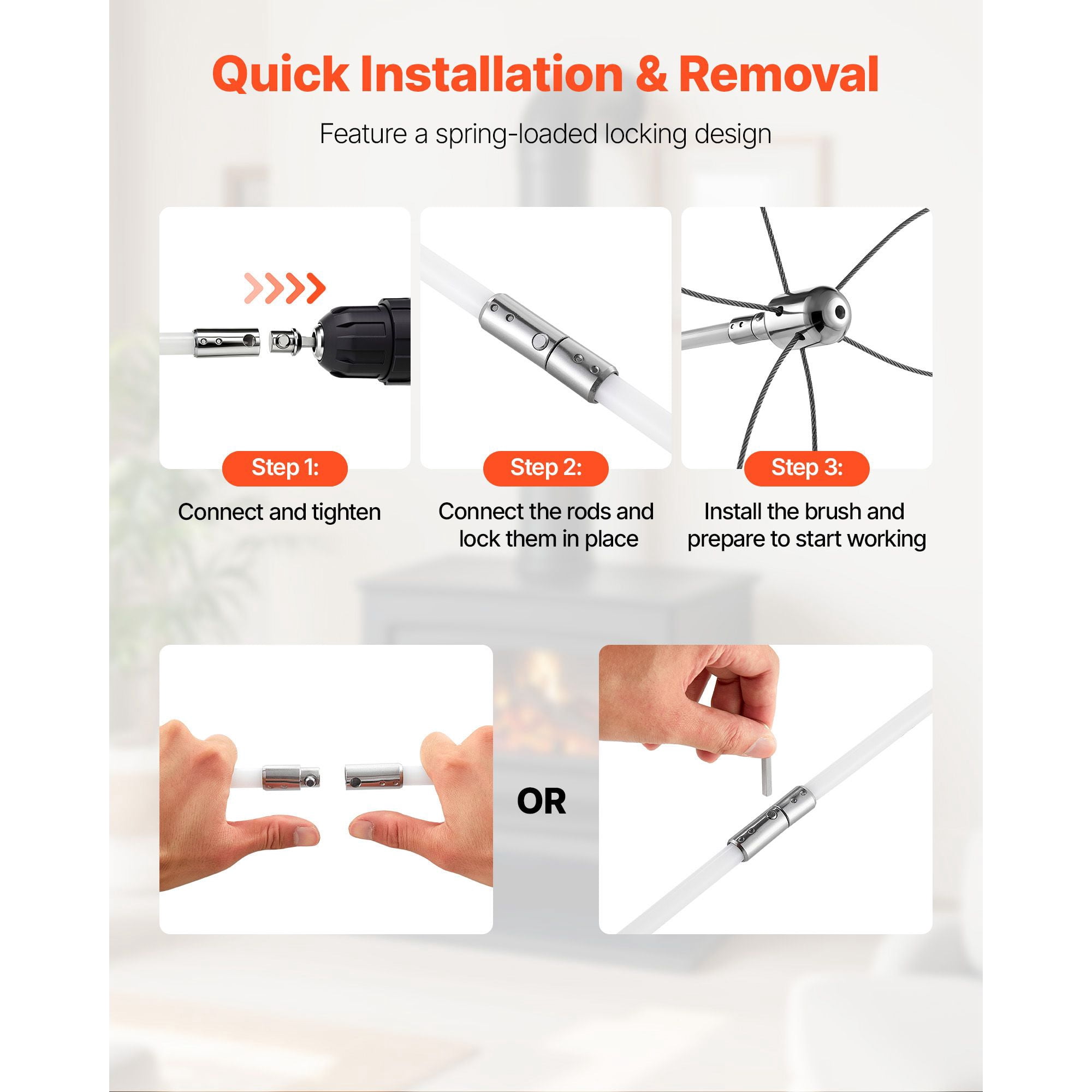 Chimney Sweep Kit, 23 ft Maximum Extendable Length, Dual Brush Head Design, 90° Bendable, for Square, Rectangle & Arch Chimneys, with Brush & Goggles