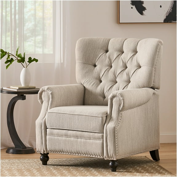JERFIT Modern Push Back Recliner Chair with Tufted Back and Nailhead Trim, Beige Fabric Accent Armchair for Living Room