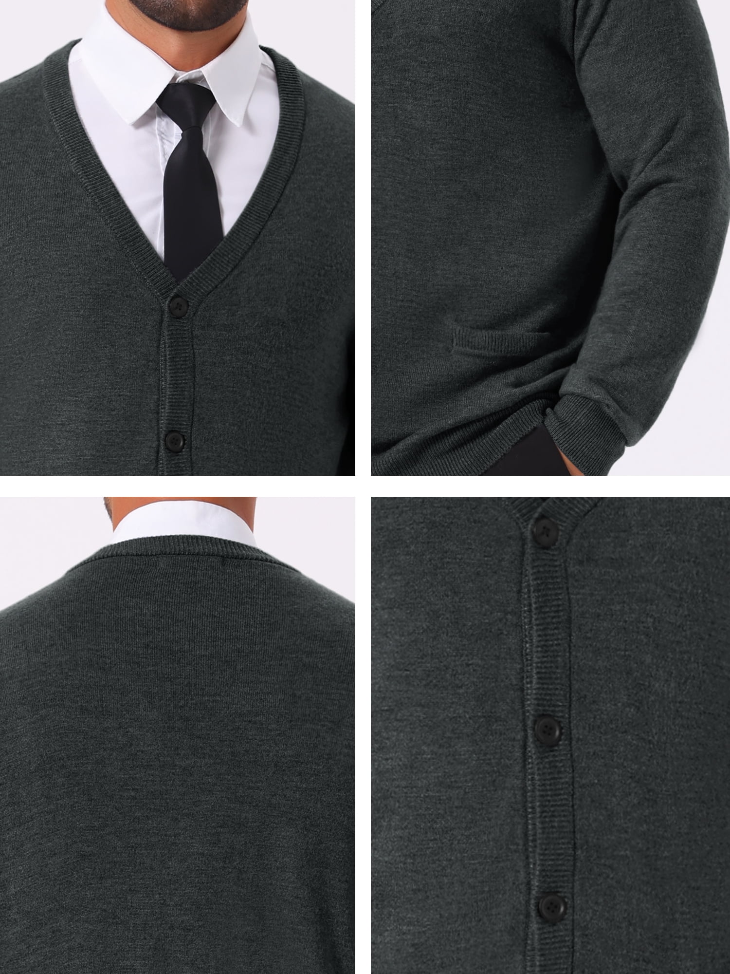 DARING DIVA Men's V Neck Long Sleeved Button Down Knit Sweater with Pockets M Dark Gray