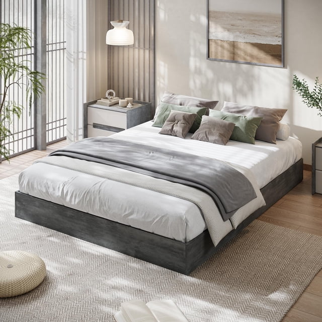 Wooden Platform Bed Frame - King Size, Water-Washed Black, Durable Slat Support, Modern Minimalist, No Box Spring, Easy Assembly