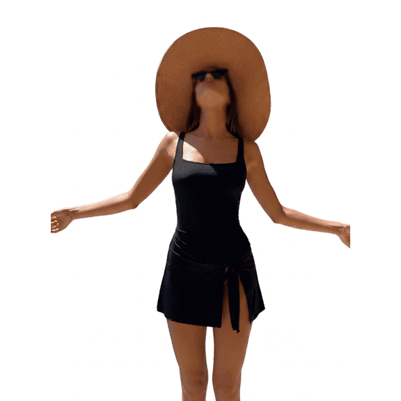 Women's Black Square Neck One Piece Swimdress Swimsuit with Tummy Control, Slimming Ruched Skirt and Side Tie Knot - Modest Bathing Suit for Beach, Pool S-XL