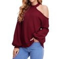thumbnail image 2 of Hombro frío knit gota hombro linterna manga larga crewneck knit suave suelta waffle pullover para mujeres vino rojo L, 2 of 5