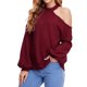 thumbnail image 2 of Hombro frío knit gota hombro linterna manga larga crewneck knit suave suelta waffle pullover para mujeres vino rojo L, 2 of 5